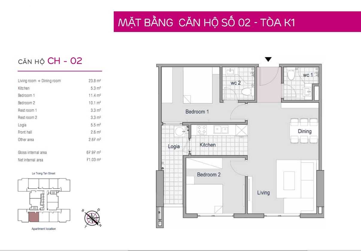 Căn hộ số 02 - 2 phòng ngủ chung cư The K Park K1