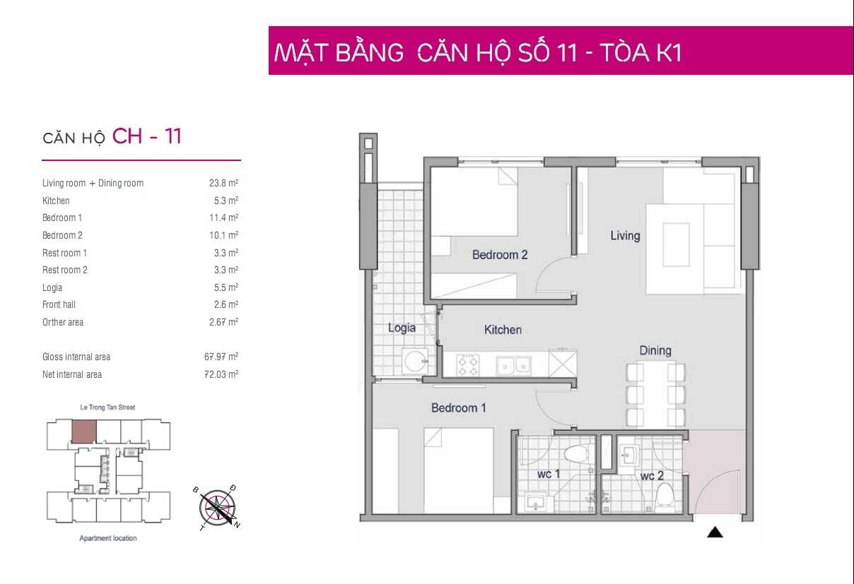 Căn hộ số 11 - 2 phòng ngủ chung cư The K Park K1